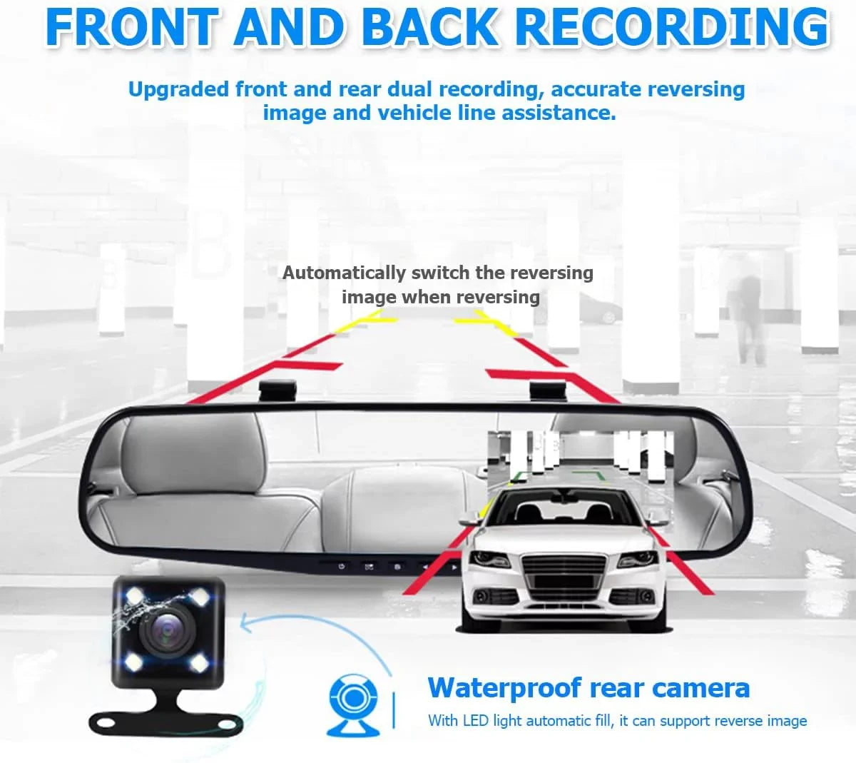 Mirror Dash Cam for Car, 4.3" Backup Sizemart Rearview Mirror Camera, Waterproof HD 1080P Front and Rear Wide Angle,