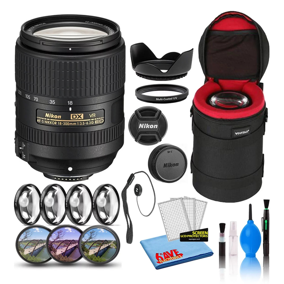 Nikon AF-Size DX NIKKOR 18-300mm f/3.5-6.3G ED VR Lens (2216) Intl with Padded Lens Case + Macro Filter Kit + UV, CPL, FL Lens Filters + Tulip Hood + Lens Cap Keeper + Cleaning Kit