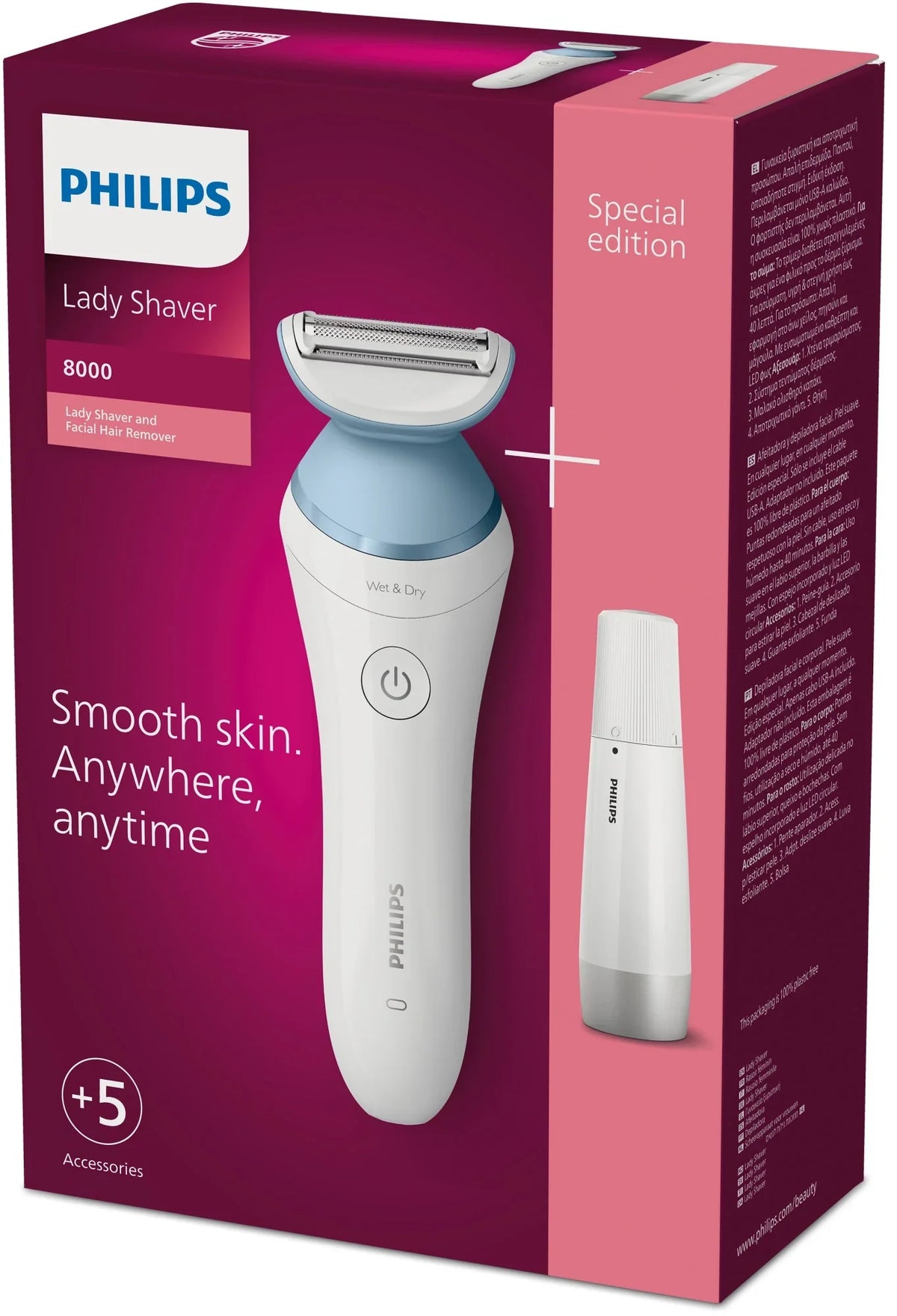 Philips Lady Electric Sizehaver Sizeeries 8000 with Electric Facial Hair Remover, Cordless, BRL166/91