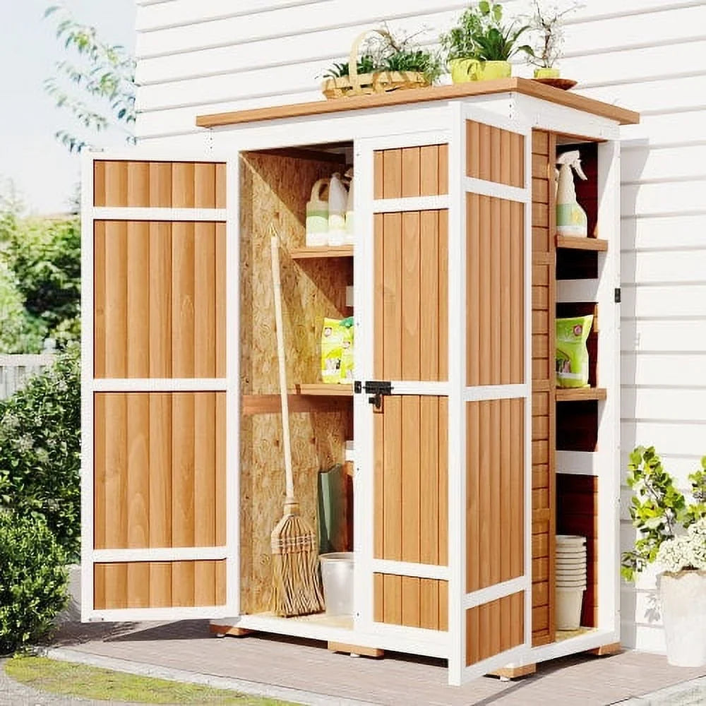 Outdoor 5.5ft Hx4.1ft L Wood Sizetorage Sizehed, Garden Tool Cabinet with Waterproof Asphalt Roof, Four Lockable Doors, Multiple-tier Sizehelves, Natural