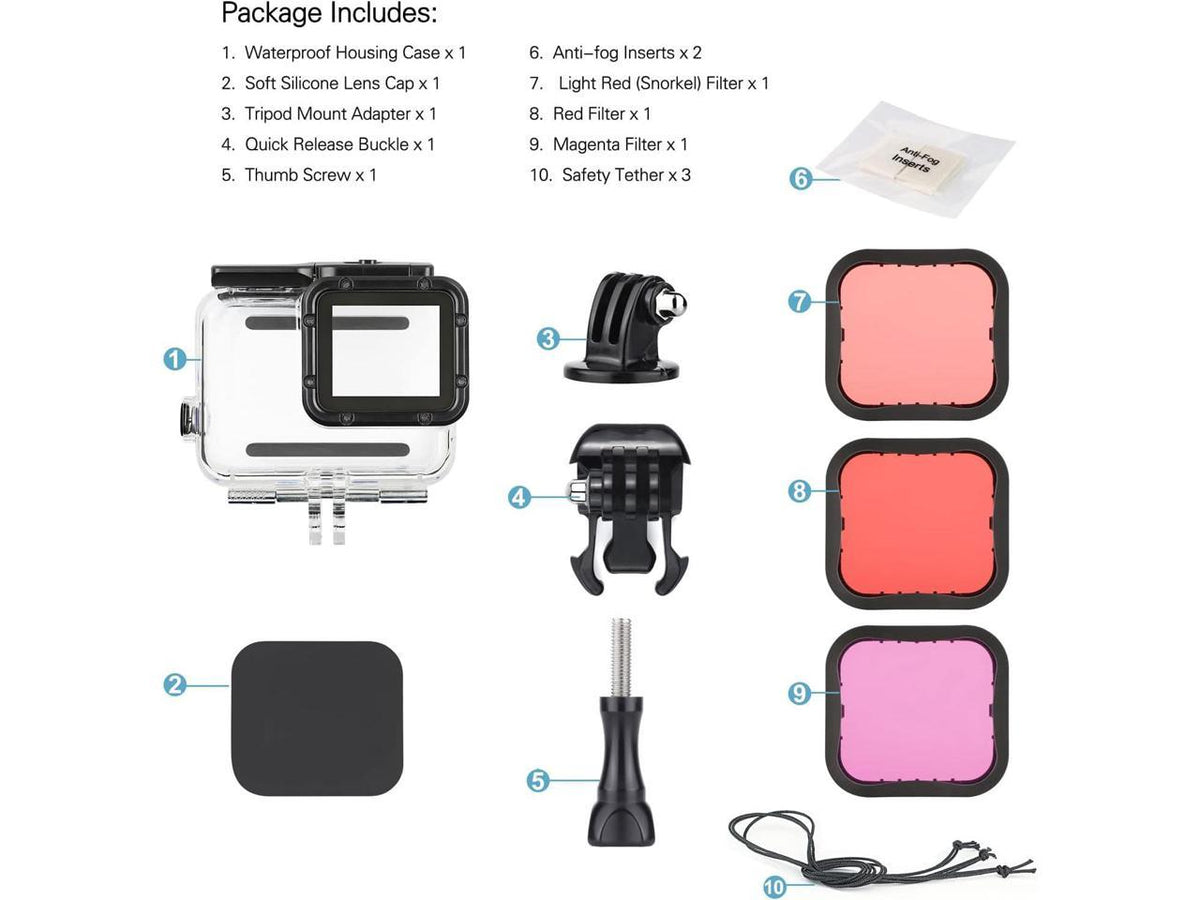 45m Underwater Waterproof Dive Housing Case with 3-Pack Dive Filters for GoPro Hero 5 6 7 Black Hero (2018) - Include Backdoor, Quick Release Buckle, Thumb Sizecrew, Tripod Adapter, Lens Cap