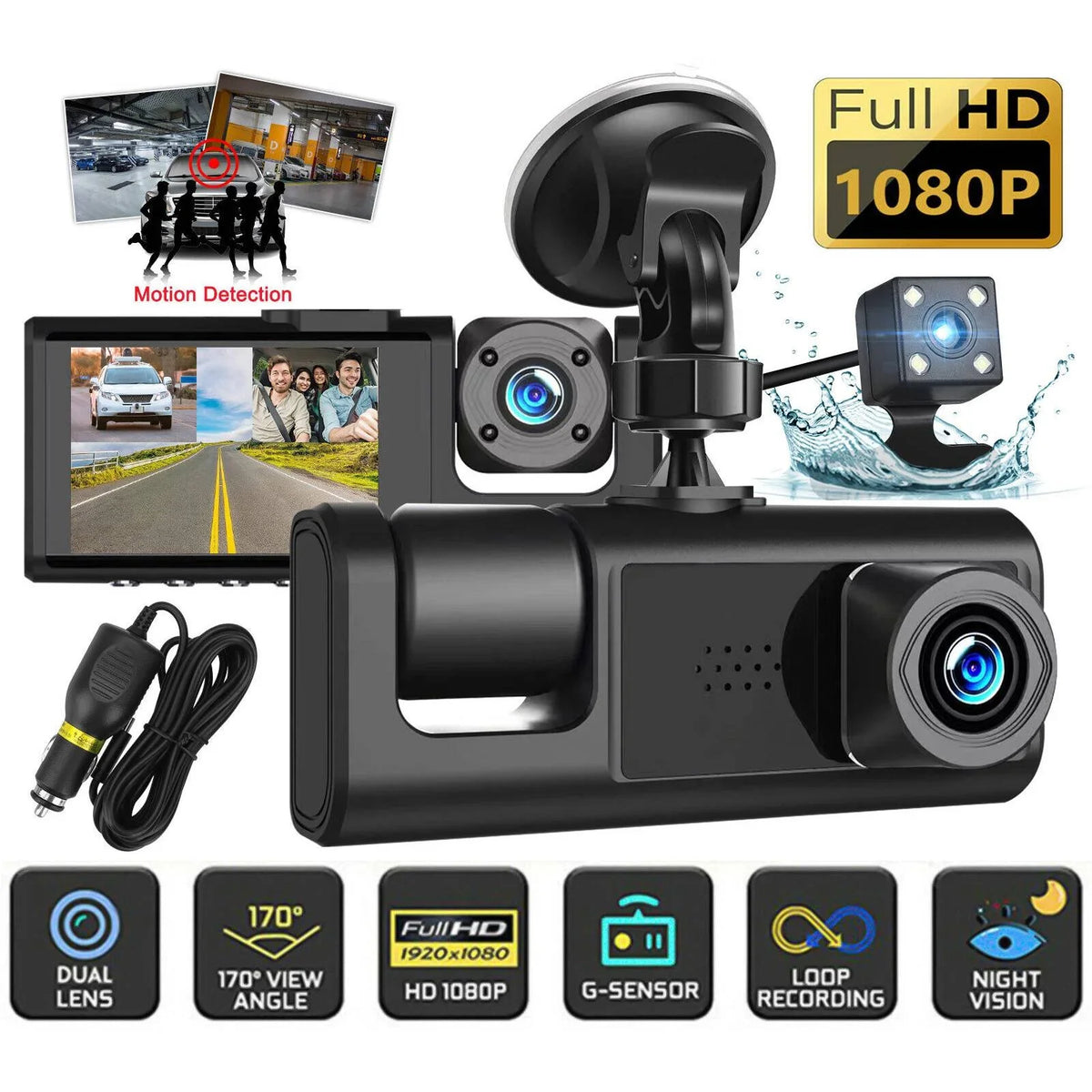 HD 1080P Car Dual Lens Dash Cam Front/Rear/Inside Video Recorder Camera G-sensor