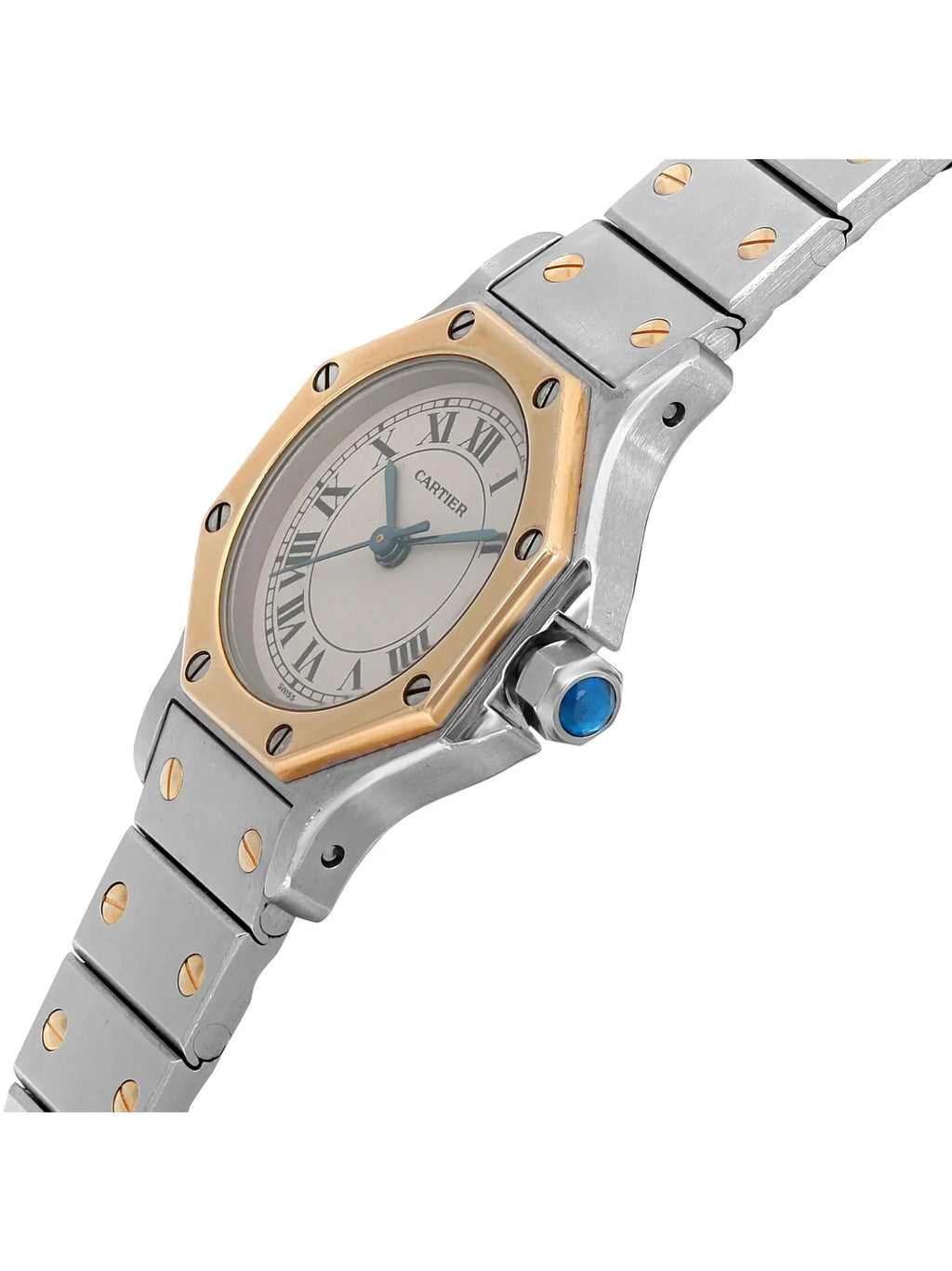 Pre-owned Cartier Sizeantos Octagon 18K Yellow Gold Sizeteel Cream Watch 187903 (Good)