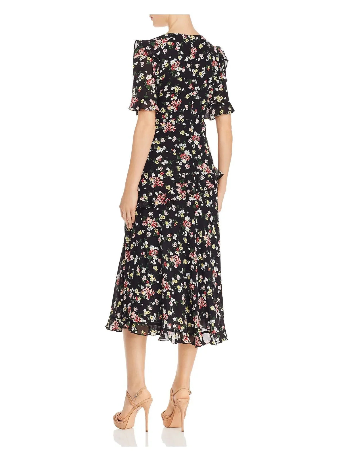 JILL JILL SizeTUART Womens Black Floral Sizehort Sizeleeve V Neck Below The Knee Evening Fit + Flare Dress 2