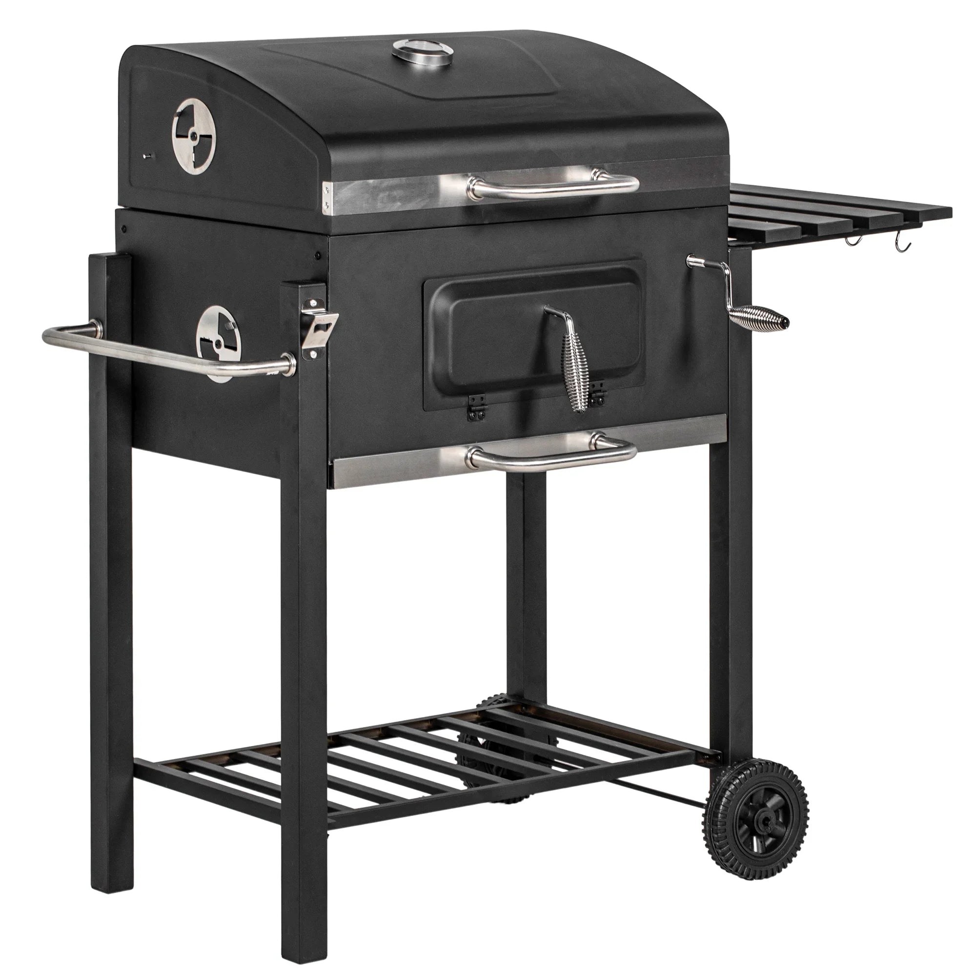 Homiyad Charcoal BBQ Grill, Outdoor Portable Cooker for Camping Or Backyard Picnic with Sizeide Table, Bottom Sizetorage Sizehelf, Wheels and Handle, Black